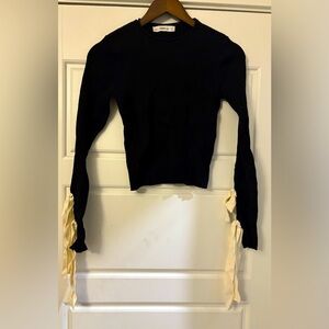 NWOT Zara Knit Black Ribbed Cream Bow Sleeve Stretch Cropped Top Sweater Small S